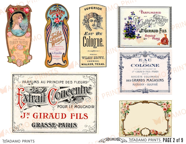 Op de afbeelding: Negen vintage parfum- en eau de cologne-etiketten met sierlijke randen en bloemmotieven. De etiketten bevatten tekst in het Frans en Engels, waaronder de namen "Lady Marian Toilet Water", "San Remo Toilet Water", "Eau de Cologne", "Violettes de Parme", "J. Giraud Fils Grasse Paris", "Parfums au Principe des Fleurs Extrait Concentre Pour le Mouchoir J. Giraud Fils Grasse Paris" en "Eau de Cologne Distill&eacute;e Sp&eacute;cialement par J. Giraud Fils Paris Soci&eacute;t&eacute; Coloniale des Grands Magasins Saigon - Hanoi".