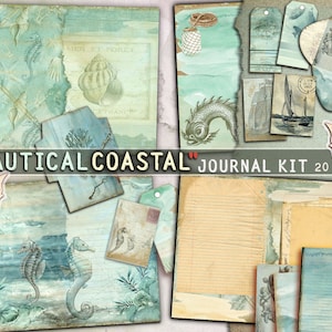 Nautical Coastal, Junk Journal Kit, Journal Page, Tags, Ocean Paper, Seahorse, Coral, Mermaid, Ephemera, Printable Journal Kit, Sea
