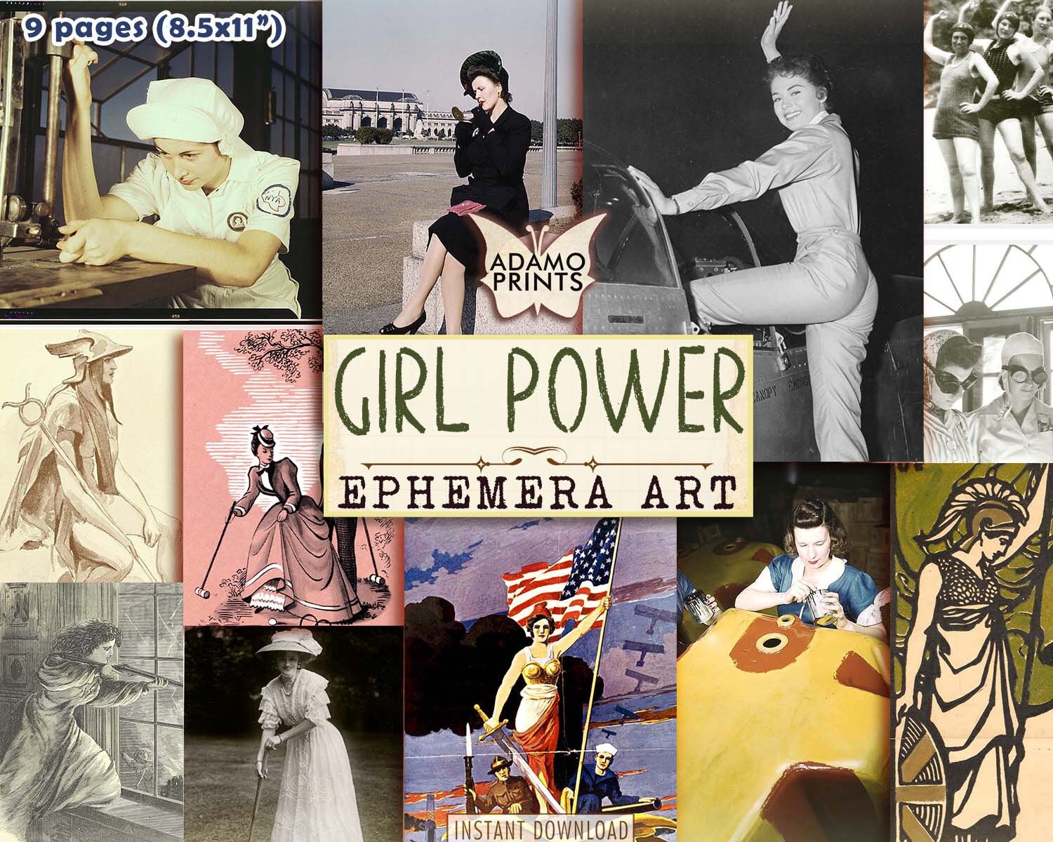 Girl Power, photos, histoire, femmes vintage, classiques éphémères, kit de journal indésirable, images numériques, art vintage, collage numérique, kit de scrapbooking