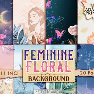 Sfondo floreale femminile, kit per diario spazzatura, carta per kit diario, motivo a farfalla, carta digitale, sfondo stampabile, album di ritagli