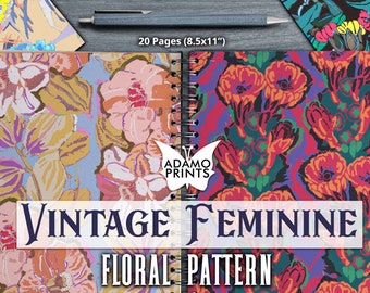 Könnte beinhalten: Ein spiralgebundenes Notizbuch mit 20 Seiten mit einem Vintage-Blumenmuster im femininen Stil. Der Einband ist in zwei Abschnitte unterteilt, einer mit hellblauem Hintergrund und rosa Blumen, der andere mit dunkelviolettem Hintergrund und orangefarbenen Blumen. Der Text "Vintage Feminine Floral Pattern" ist auf dem Einband aufgedruckt.