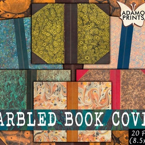 May include: A set of six marbled book covers with different patterns in shades of blue, green, yellow, orange, and brown. The covers are 8.5 x 11 inches and have a 20-page capacity.  The text "MARBLED BOOK COVER" is printed in white on a blue background. The text "20 Pages (8.5 x 11)" is printed in white on a brown background.
