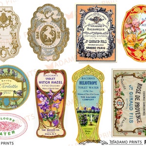Op de afbeelding: Negen vintage-etiketten met sierlijke frames en bloemmotieven. De etiketten bevatten tekst in het Frans en Engels, waaronder productnamen zoals "Savon Aux Fleurs", "Witch Hazel" en "Rose de Provence".