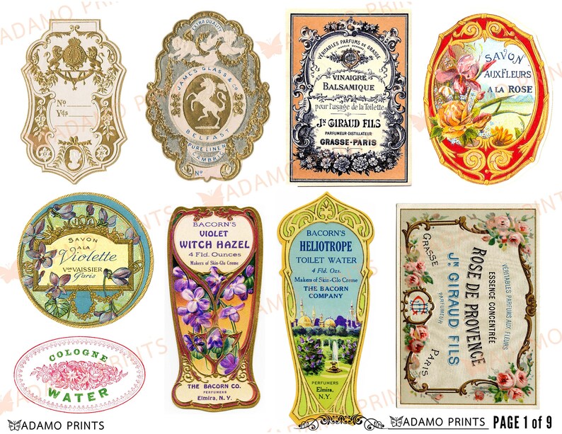 Op de afbeelding: Negen vintage-etiketten met sierlijke frames en bloemmotieven. De etiketten bevatten tekst in het Frans en Engels, waaronder productnamen zoals "Savon Aux Fleurs", "Witch Hazel" en "Rose de Provence".