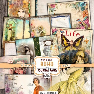 Kit de diario basura boho vintage, forrado y en blanco, mujeres boho imprimibles, página de diario boho, papel boho digital, kit de diario imprimible