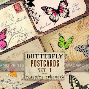 Conjunto de cartões postais de borboleta 1, kit digital, coisas efêmeras do Junk Journal, ATC, coisas efêmeras para impressão, vintage, folha de colagem, arte vintage, download