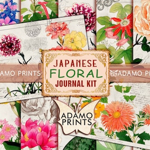 Kit de journal floral japonais, page de journal japonais, paquet de papier de collage, kit de journal indésirable numérique, journal éphémère, scrapbook Japon vintage