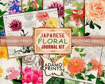 Japanese Floral Journal Kit, Japanese Journal Page, Collage Paper Pack, Digital Junk Journal Kit, Ephemera Journal, Scrapbook Japan Vintage