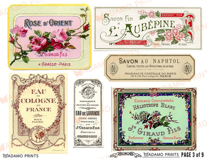Op de afbeelding: Vintage Franse parfum- en zeeplabels met bloemmotieven. De labels bevatten de tekst "Rose d'Orient", "Savon Fin a l'Aub&eacute;pine", "Savon au Naphtol", "Eau de Cologne de France", "Eau de Lavande" en "Essence Concentr&eacute;e Heliotrope Blanc".