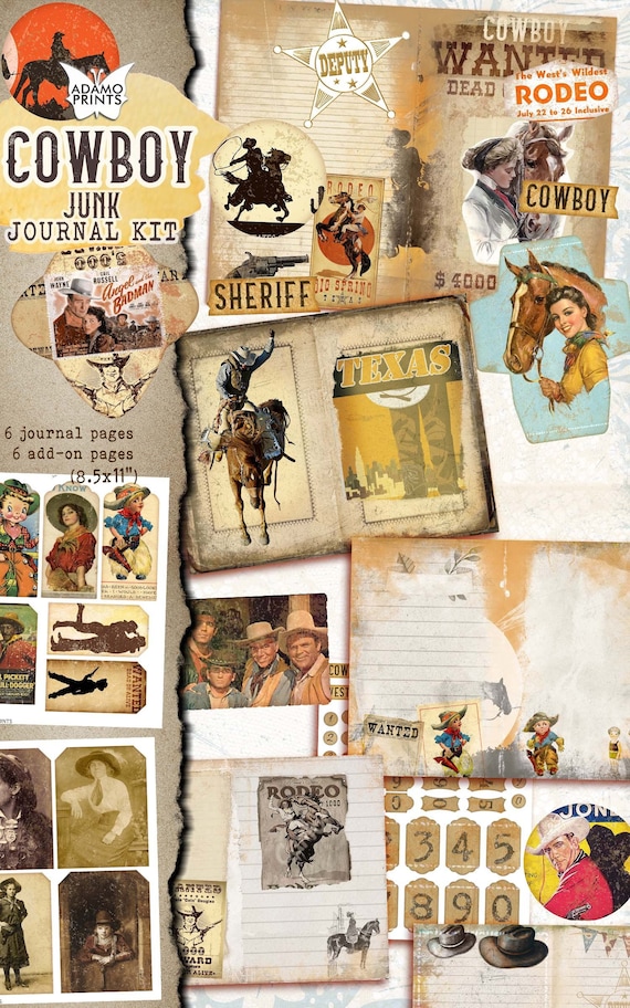 Cowboy Junk Journal Kit, Journal Page, Fussy Cut, Tags, Wild Cowboy Junk Journal Kit, Journal Page, Fussy Cut, Tags, Wild