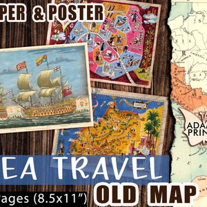 Meer Reise alte Karte, Vintage Karte druckbare, antike Karte, digital, Grunge Papier, Weltkarte, Collage Karten, shabby Hintergrund, Ephemera