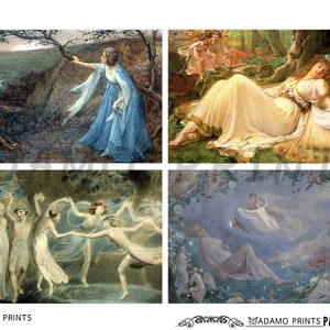 May include: A collage of four paintings depicting women in a forest setting. The top left painting shows a woman in a blue dress reaching out to a group of fairies. The top right painting shows a woman sleeping under a tree with fairies flying around her. The bottom left painting shows a group of fairies dancing in a clearing. The bottom right painting shows a woman sleeping in a forest with a fairy flying above her.