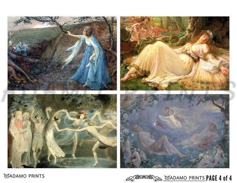May include: A collage of four paintings depicting women in a forest setting. The top left painting shows a woman in a blue dress reaching out to a group of fairies. The top right painting shows a woman sleeping under a tree with fairies flying around her. The bottom left painting shows a group of fairies dancing in a clearing. The bottom right painting shows a woman sleeping in a forest with a fairy flying above her.