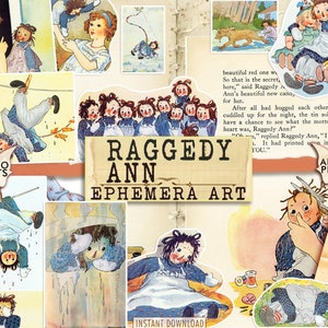 Raggedy Ann autorstwa Johnny'ego Gruelle, cyfrowa książka dla dzieci, klasyka efemeryd, obraz cyfrowy, sztuka vintage, magia, opowieść dla dzieci, strona książki