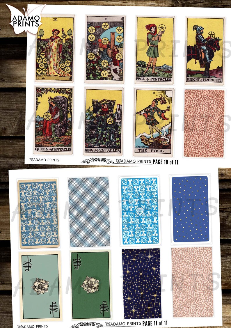 Pode incluir: Um conjunto de cartas de tarô imprimíveis com o naipe de pentáculos. As cartas incluem a Rainha, o Rei, o Pajem, o Cavaleiro e o Louco. As cartas são de estilo vintage com detalhes intrincados e ilustrações coloridas.