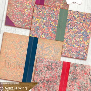 May include: Four digital paper sheets with a marbled pattern in shades of pink, yellow, blue, and gray. The sheets are arranged in a grid pattern with a red, blue, and green spine on each sheet. The text "ADAMO PRINTS" is visible in the top right corner of the image. The text "INSTANT DOWNLOAD" and "20 PAGES (8.5x11")" is visible in the bottom left corner of the image.