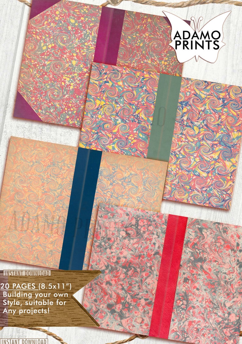 May include: Four digital paper sheets with a marbled pattern in shades of pink, yellow, blue, and gray. The sheets are arranged in a grid pattern with a red, blue, and green spine on each sheet. The text "ADAMO PRINTS" is visible in the top right corner of the image. The text "INSTANT DOWNLOAD" and "20 PAGES (8.5x11")" is visible in the bottom left corner of the image.