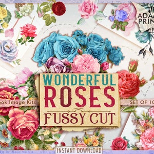 Wonderful Roses Fussy Cut, Digital Kit, Rose, Blumenstrauß, Scrapbook, Blau, Rot, Pink, Lila, digitale Bilder, Junk Journal, Ephemera