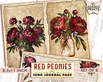 Red Peonies Junk Journal Pages, Journal Kit, Collage Sheets, Floral Vintage, Ephemera Floral Kit, Printable Paper, Scrapbook Flowers