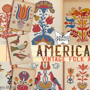 Arte popular americano vintage, floral, pájaro, naturaleza, papel para kit de diario, papel digital, fondo de pantalla, fondo imprimible, kit de álbum de recortes