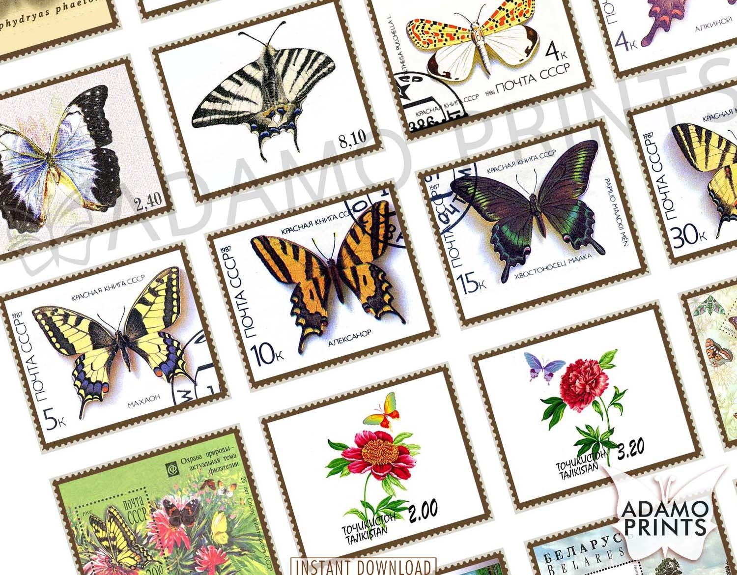Vintage Butterfly Stamps, Faux Stamp, Stamp Digital, Mixed Media, Junk ...