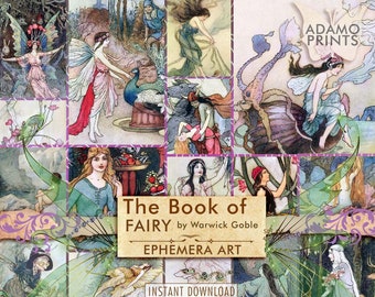 Può includere: Un collage di illustrazioni vintage con fate, creature mitiche e scene di natura. Il titolo "The Book of Fairy by Warwick Goble Ephemera Art" è visualizzato in una cornice dorata. Il testo "Instant Download" è incluso.