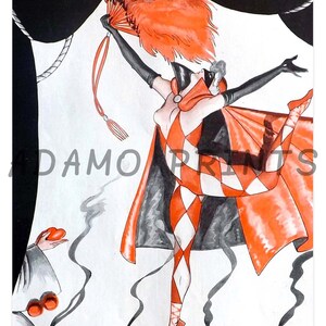 May include: A woman in a red and black harlequin costume with a large red feather fan dances on stage. She is wearing a mask and a red cape. The stage is dark and there is smoke in the air.