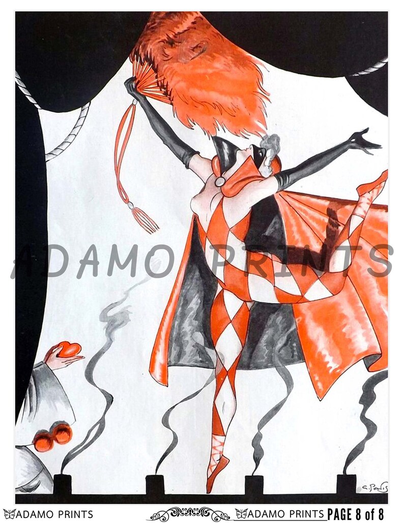 May include: A woman in a red and black harlequin costume with a large red feather fan dances on stage. She is wearing a mask and a red cape. The stage is dark and there is smoke in the air.