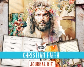 May include: A Christian faith journal kit with a watercolor painting of Jesus wearing a flower crown. The kit includes two pages with lined spaces for daily prayers and scripture. The text "Christian Faith Journal Kit" is printed on the front of the journal.