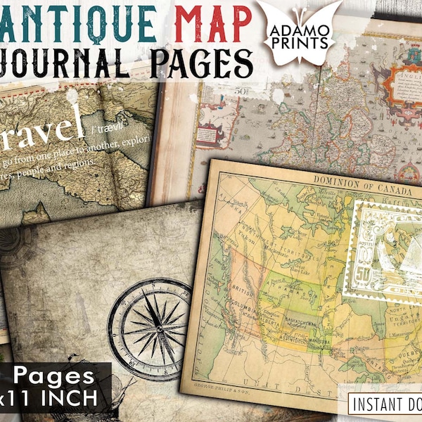 Antique Map Journal Kit, Vintage Map, Journal Page, Grunge, World Map, Travel, Adventure, Collage Maps, Shabby Background, Ephemera Map