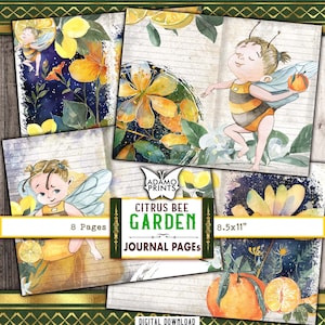 Citrus Bee Garten Junk Journal Seiten, Bienen Journal Kit, Vintage Biene, Collage Sheets, Line Papier, Ephemera Journal Kit, Garten druckbares Papier