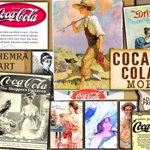 Puede incluir: Un collage vintage de anuncios de Coca-Cola con imágenes de personas disfrutando de la bebida, junto con el texto "Drink Delicious Refreshing" y "Coca-Cola More".