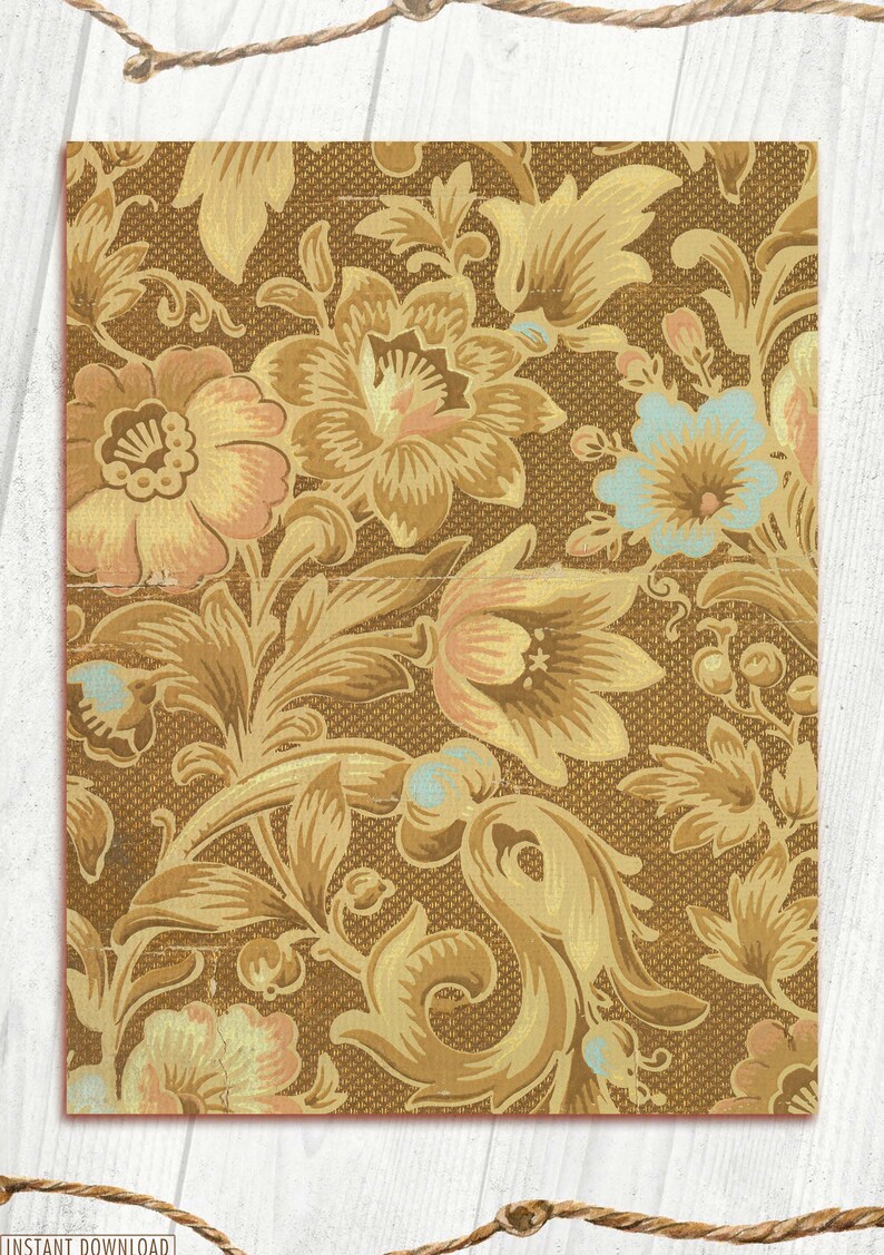 May include: A vintage floral pattern with a brown background and gold, peach, and blue flowers. The pattern is reminiscent of wallpaper or fabric.