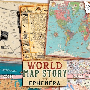 História do mapa mundial, mapa vintage, página de diário, grunge, kit de diário indesejado, viagem, aventura, mapas de colagem, fundo gasto, mapa de coisas efêmeras
