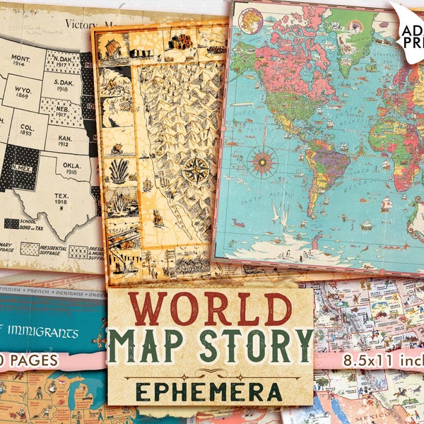 World Map Story, Vintage Map, Journal Page, Grunge, Junk Journal Kit, Travel, Adventure, Collage Maps, Shabby Background, Ephemera Map