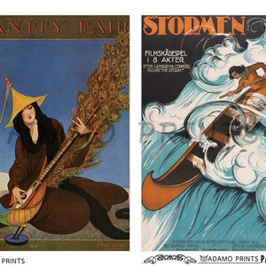May include: Two vintage magazine covers. The left cover features a woman in a yellow hat playing a stringed instrument with a peacock feather design. The right cover features a woman in a canoe paddling through a stormy sea. The text on the right cover reads "FILMSK&Aring;DESPEL i 8 AKTER EFTER LANGDON MCCORMICS TALPURS THE STORM".