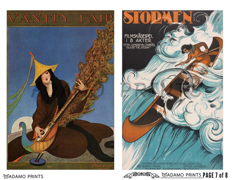 May include: Two vintage magazine covers. The left cover features a woman in a yellow hat playing a stringed instrument with a peacock feather design. The right cover features a woman in a canoe paddling through a stormy sea. The text on the right cover reads "FILMSK&Aring;DESPEL i 8 AKTER EFTER LANGDON MCCORMICS TALPURS THE STORM".