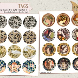 Alphonse Mucha Printable Tag Kits, Art Nouveau, Digital Paper, Embellishment, Collage Sheet, Junk Journal Kit, Printable Paper, Scrapbook image 5