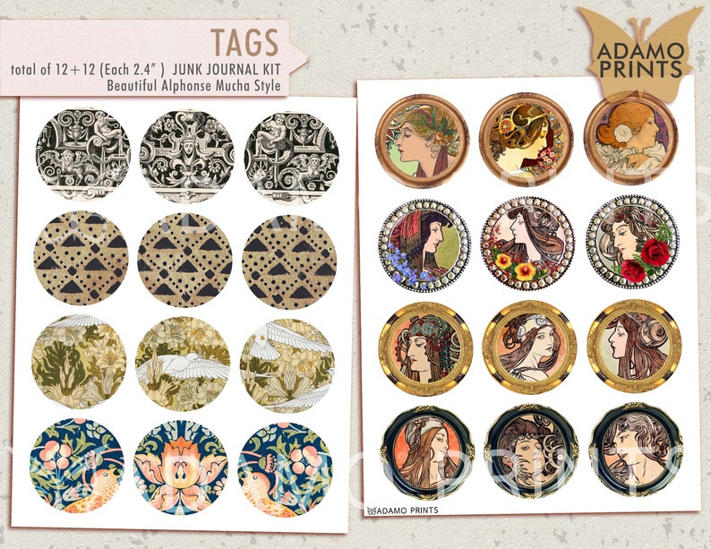 Alphonse Mucha Printable Tag Kits, Art Nouveau, Digital Paper, Embellishment, Collage Sheet, Junk Journal Kit, Printable Paper, Scrapbook image 5