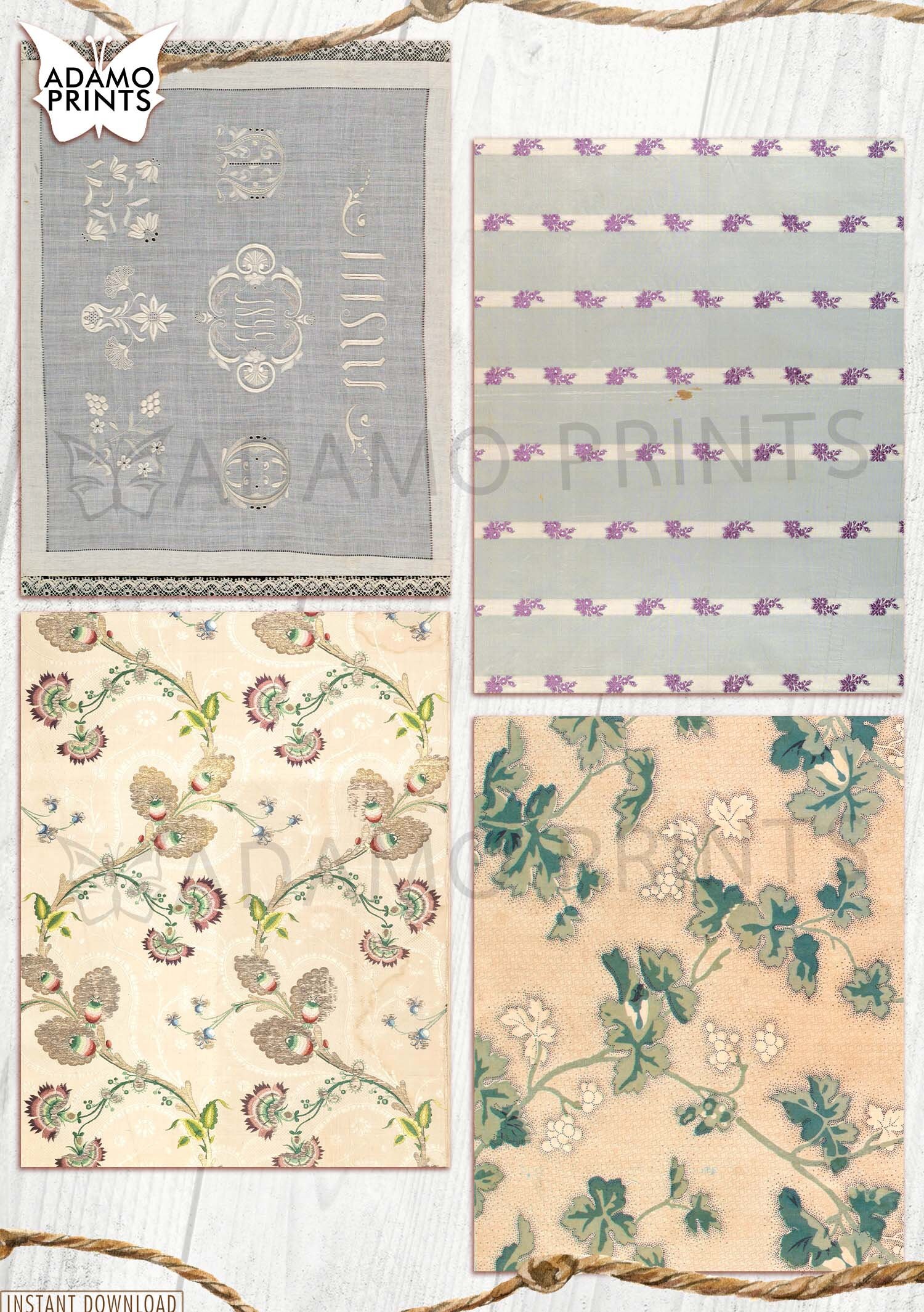 European Textile Pattern, Embroidery, Junk Journaling Kit
