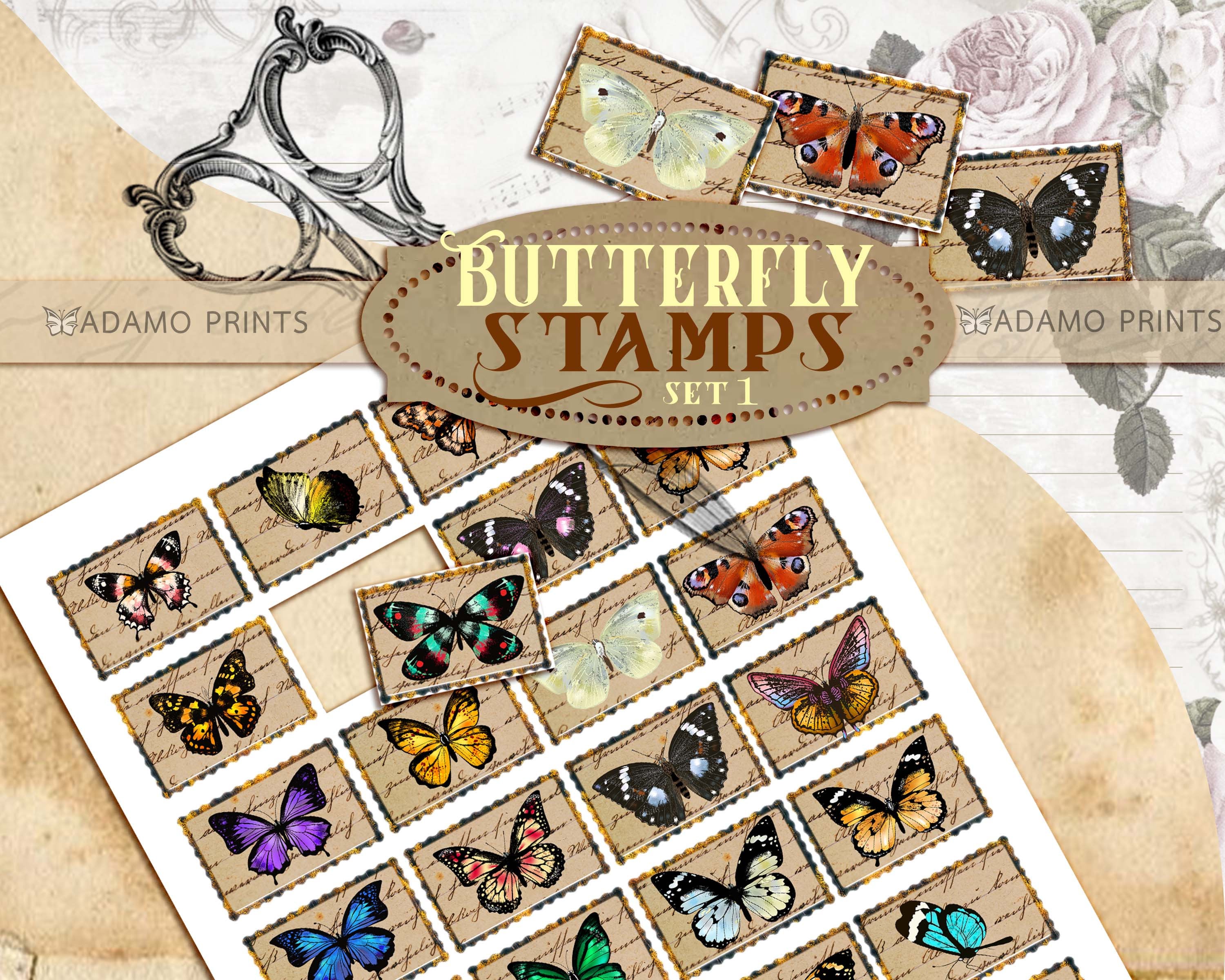 Butterfly Stamps Set1 Faux Stamp Postage Stamp Digital Junk Etsy