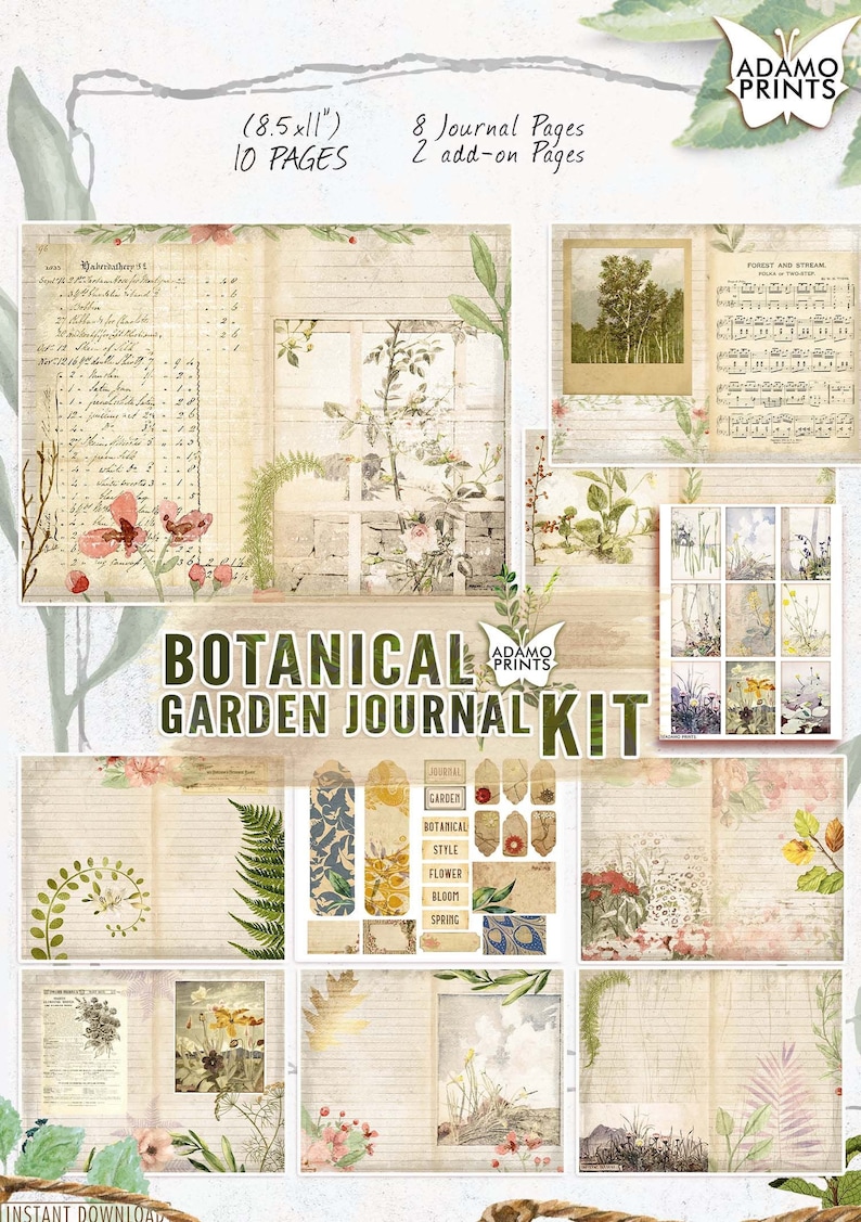 Botanical Garden Journal Kit, Journal Page, Ephemera Journal, Embellishments, Printable Journal Kit, Scrapbook Plants, Vintage Nature image 1