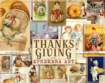 Thanksgiving Digital, Digital Vintage Art, December, Printable Card, Collage Sheet, Ephemera Classics, Scrapbook, Junk Journal, ATC