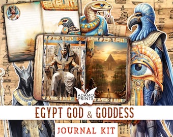 May include: An illustrated journal kit with an Egyptian theme. The kit includes images of pharaohs, gods, and goddesses, along with pyramids and hieroglyphs. The text on the journal reads "EGYPT GOD & GODDESS JOURNAL KIT". The color palette includes gold, blue, and brown.