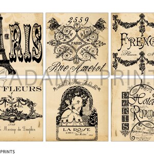 May include: Six vintage Parisian-themed printable images. The images feature black and white illustrations of the Eiffel Tower, flowers, a hotel, and a French market. The text on the images includes "Paris", "Rue Amelot", "Les Fleurs", "French Flower Market", "Hotel Renaud", and "La Rose".