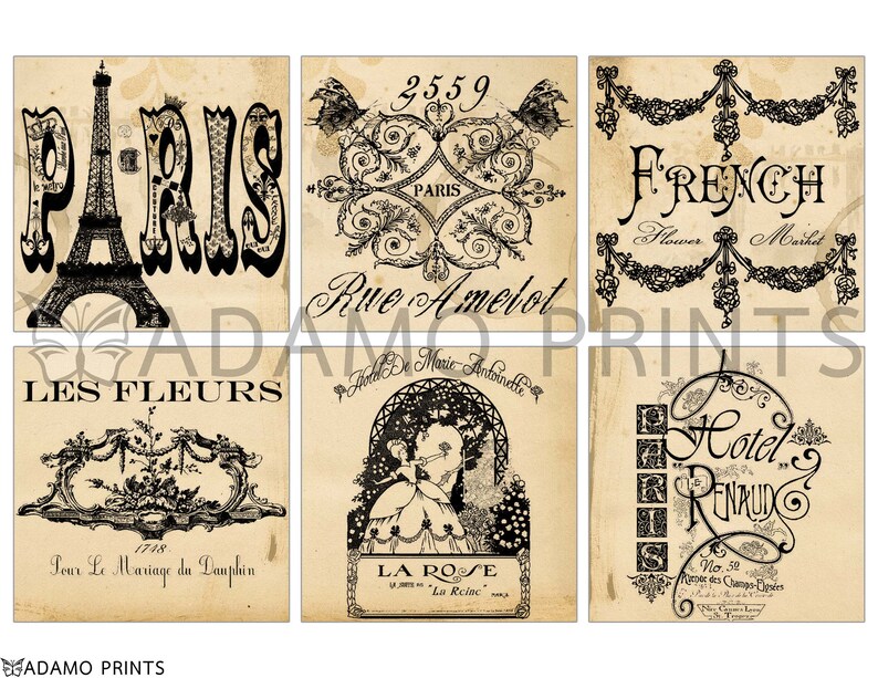 May include: Six vintage Parisian-themed printable images. The images feature black and white illustrations of the Eiffel Tower, flowers, a hotel, and a French market. The text on the images includes "Paris", "Rue Amelot", "Les Fleurs", "French Flower Market", "Hotel Renaud", and "La Rose".