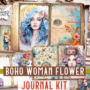 Kit de diario de jardín de flores de mujer boho, página de diario boho, papel imprimible floral boho, hojas de collage, álbum de recortes de papel boho imprimible