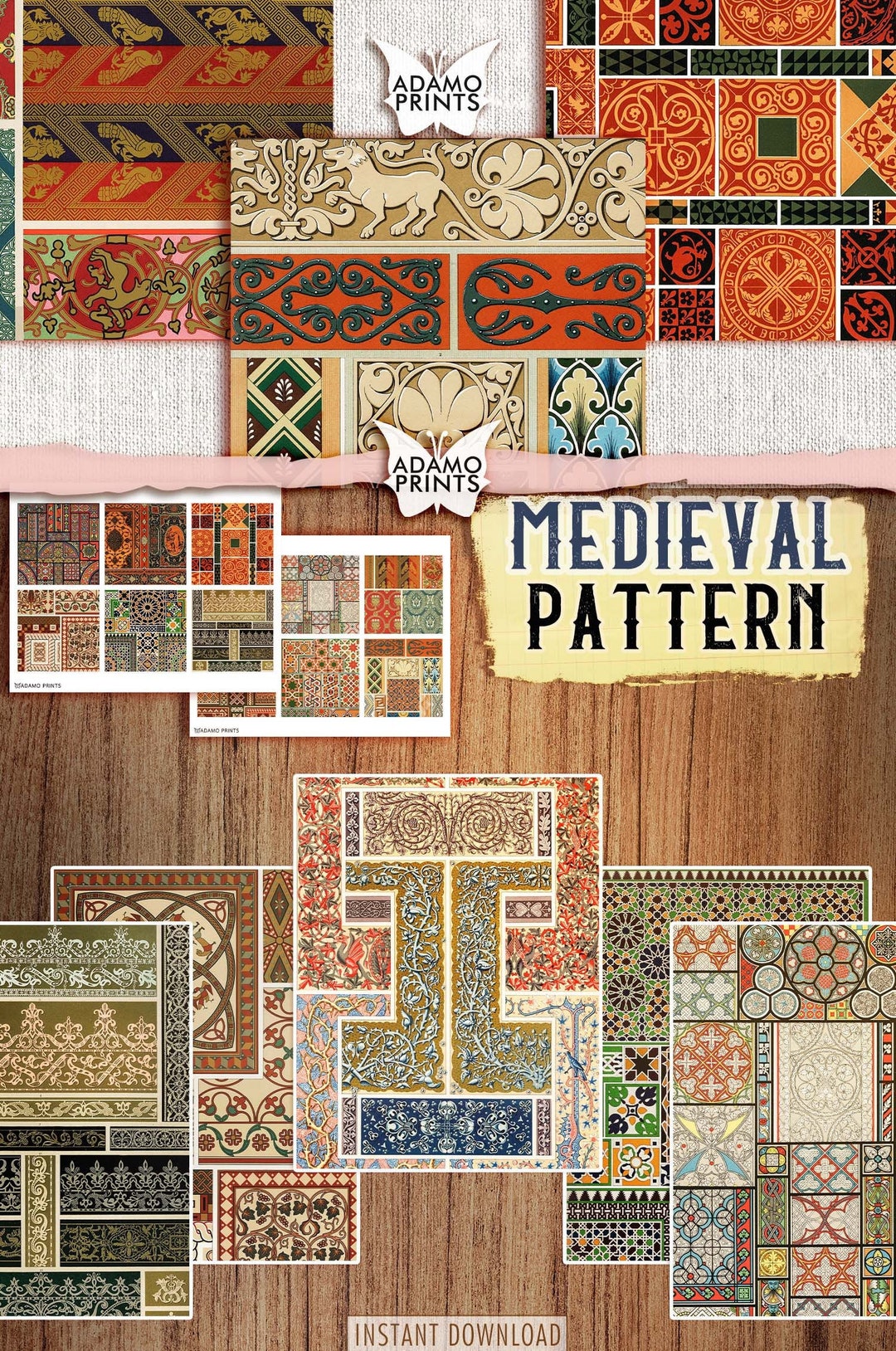 Medieval Pattern, Digital Wallpaper, Classic Art, Printable Images