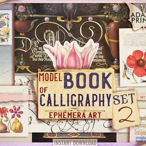 Puede incluir: Un kit de imágenes de scrapbooking digital con una estética vintage. El kit incluye una tarjeta de título que dice "Model Book of Calligraphy Set 2 Ephemera Art" con un tulipán rosa y un conjunto de 9 páginas. El kit incluye imágenes de flores, insectos y caligrafía.
