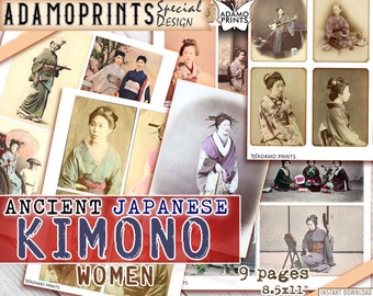 May include: A digital collage of vintage photographs featuring women wearing traditional Japanese kimonos. The collage includes 9 images, each measuring 8.5 x 11 inches. The title "Ancient Japanese Kimono Women" is displayed in bold, red letters with a blue outline.